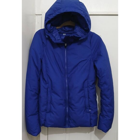 Uniqlo womens small cobalt blue puffer down jacket with hoodie coat - Picture 2 of 9